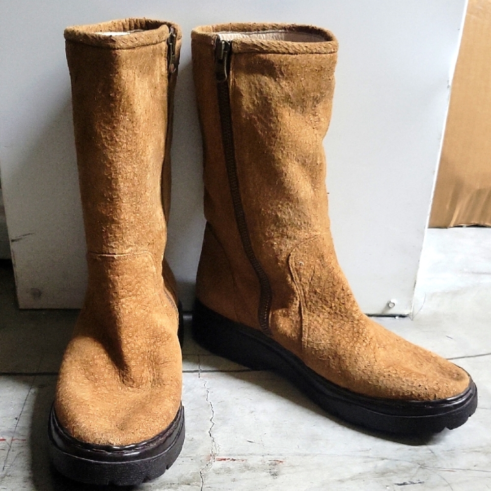 Febo Tan Suede Mid-Calf Boots. No Size.